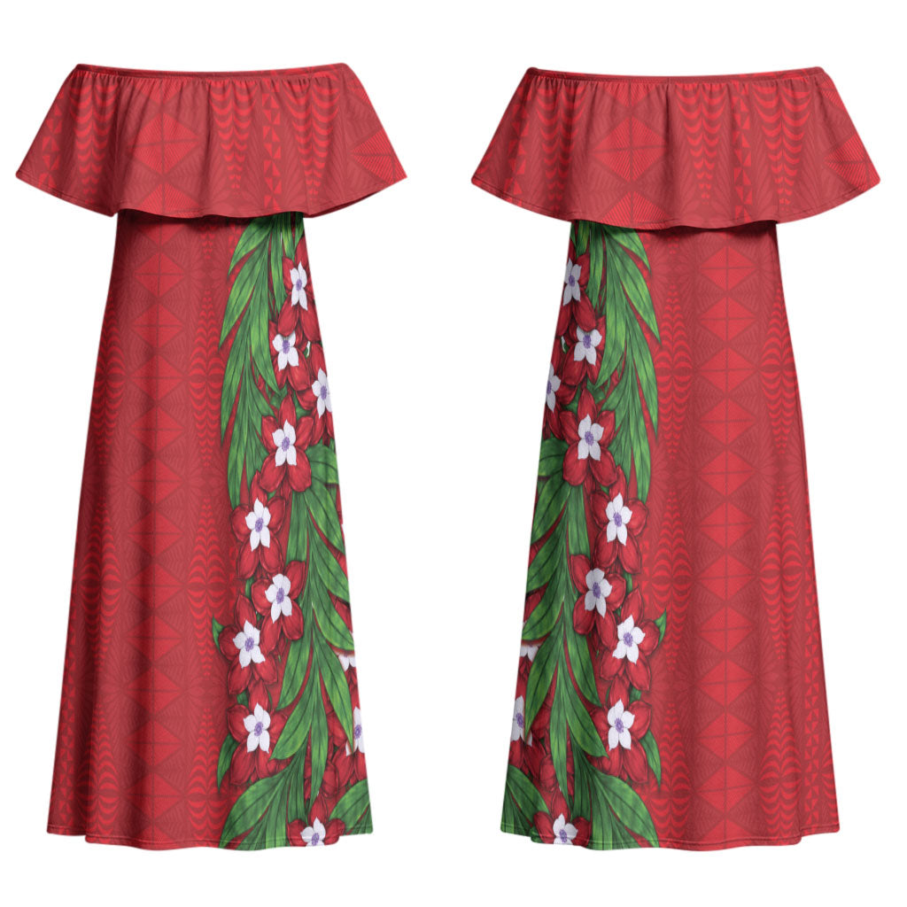 Tonga Language Week Couples Matching Off Shoulder Maxi Dress and Long Sleeve Button Shirt Heilala Floral Red LT05 - Polynesian Pride
