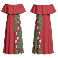 Tonga Language Week Couples Matching Off Shoulder Maxi Dress and Long Sleeve Button Shirt Heilala Floral Red LT05 - Polynesian Pride