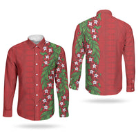 Tonga Language Week Couples Matching Off The Shoulder Long Sleeve Dress and Long Sleeve Button Shirt Heilala Floral Red LT05 - Polynesian Pride