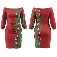 Tonga Language Week Couples Matching Off The Shoulder Long Sleeve Dress and Long Sleeve Button Shirt Heilala Floral Red LT05 - Polynesian Pride