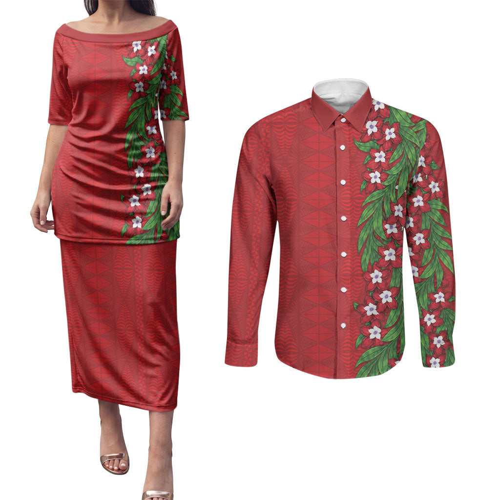 Tonga Language Week Couples Matching Puletasi and Long Sleeve Button Shirt Heilala Floral Red LT05 Red - Polynesian Pride
