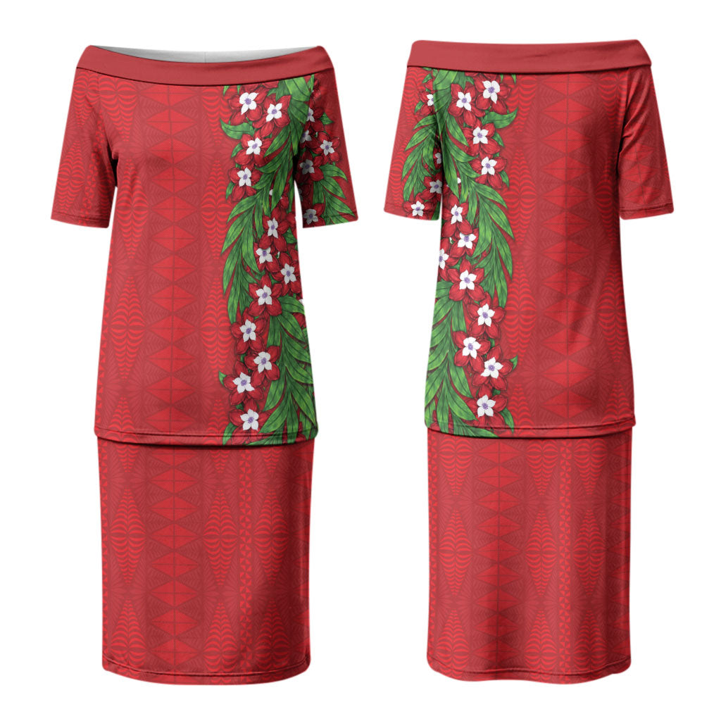 Tonga Language Week Couples Matching Puletasi and Long Sleeve Button Shirt Heilala Floral Red LT05 - Polynesian Pride