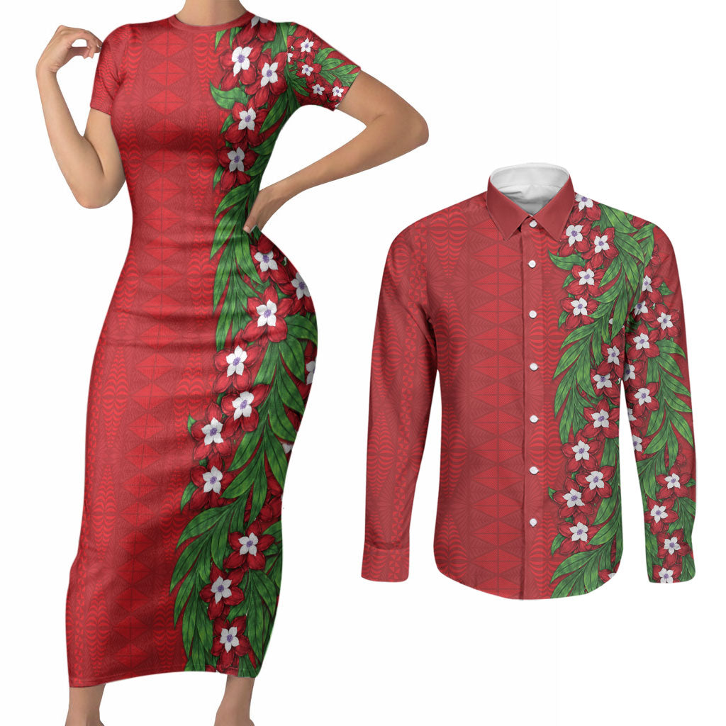 Tonga Language Week Couples Matching Short Sleeve Bodycon Dress and Long Sleeve Button Shirt Heilala Floral Red LT05 Red - Polynesian Pride