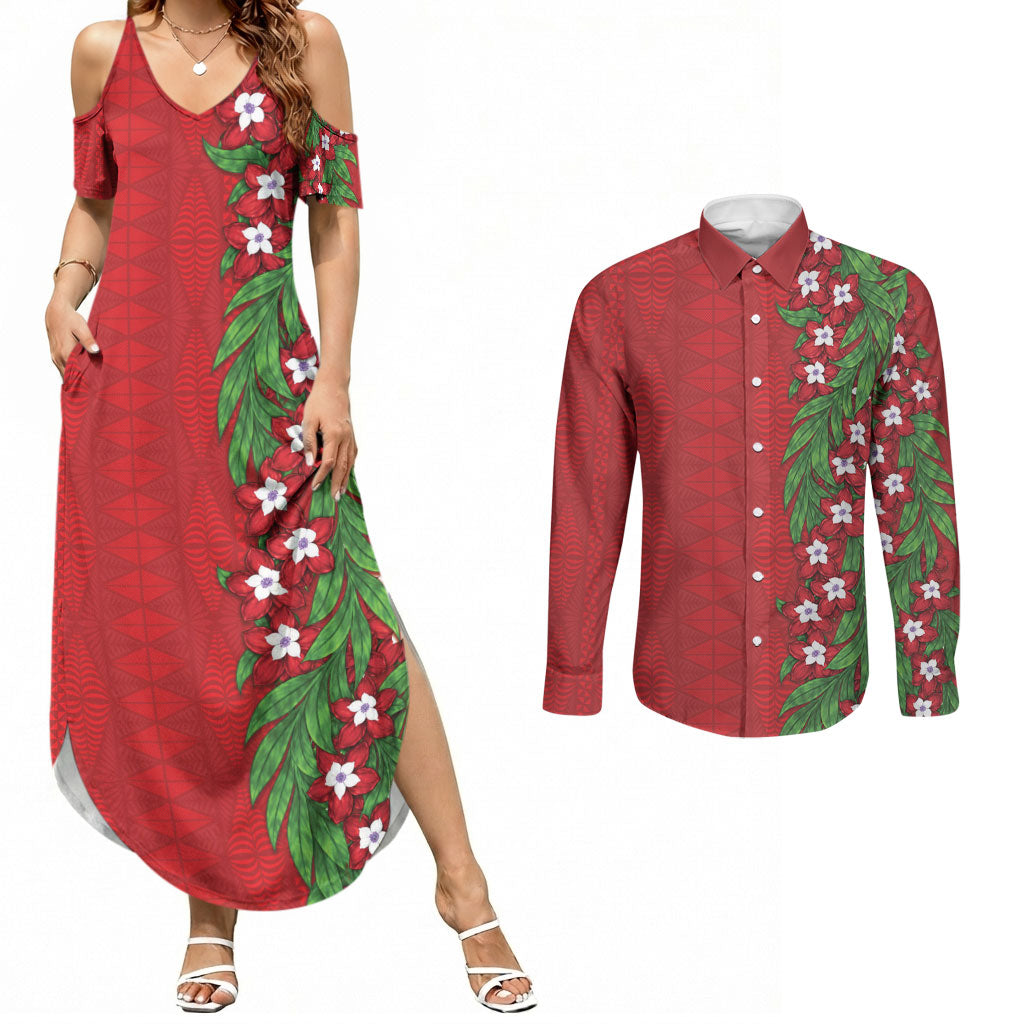 Tonga Language Week Couples Matching Summer Maxi Dress and Long Sleeve Button Shirt Heilala Floral Red LT05 Red - Polynesian Pride