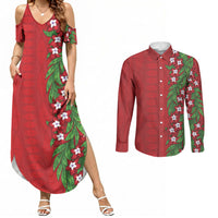 Tonga Language Week Couples Matching Summer Maxi Dress and Long Sleeve Button Shirt Heilala Floral Red LT05 Red - Polynesian Pride
