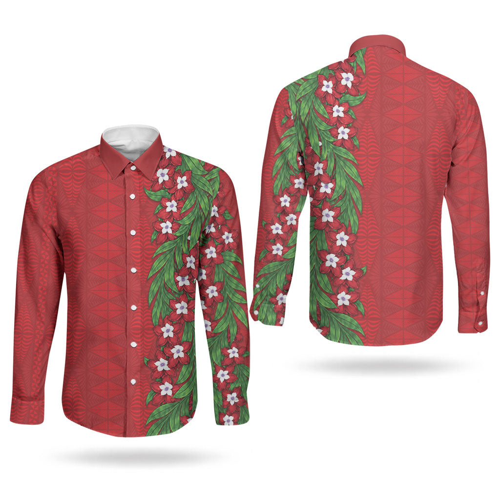 Tonga Language Week Couples Matching Summer Maxi Dress and Long Sleeve Button Shirt Heilala Floral Red LT05 - Polynesian Pride