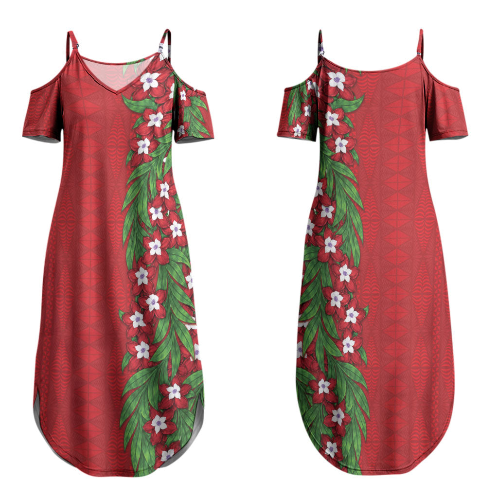 Tonga Language Week Couples Matching Summer Maxi Dress and Long Sleeve Button Shirt Heilala Floral Red LT05 - Polynesian Pride