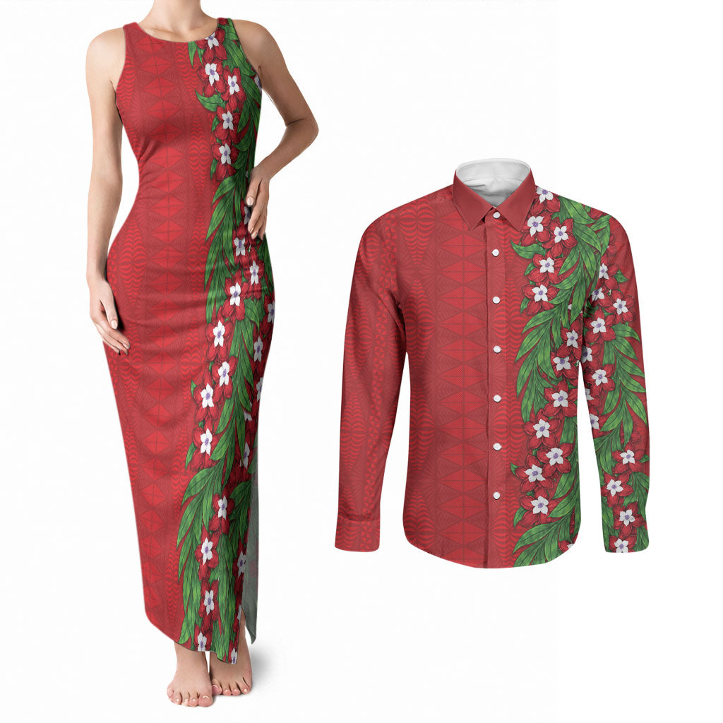 Tonga Language Week Couples Matching Tank Maxi Dress and Long Sleeve Button Shirt Heilala Floral Red LT05 Red - Polynesian Pride