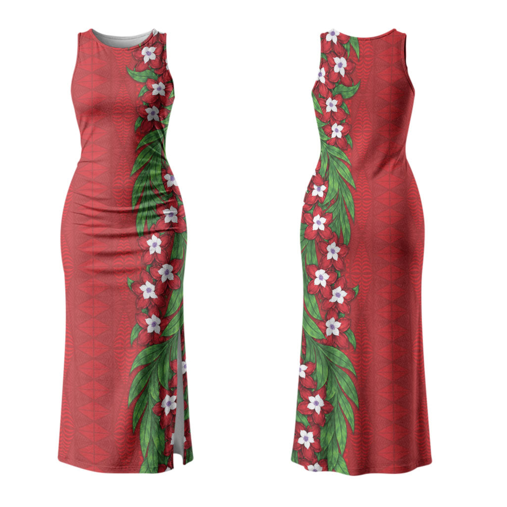 Tonga Language Week Couples Matching Tank Maxi Dress and Long Sleeve Button Shirt Heilala Floral Red LT05 - Polynesian Pride