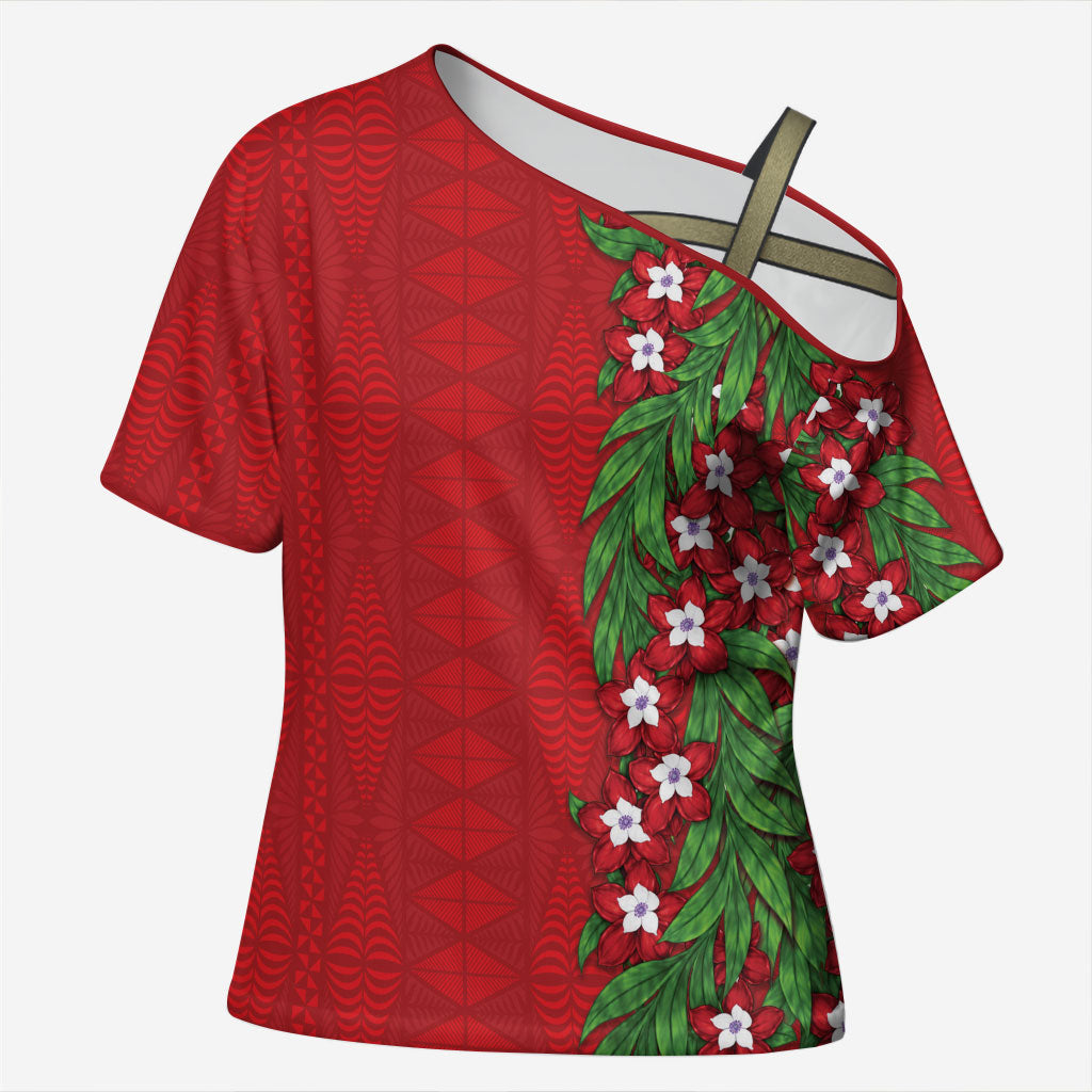 Tonga Language Week Cross Shoulder Shirt Heilala Floral Red LT05 Female Red - Polynesian Pride
