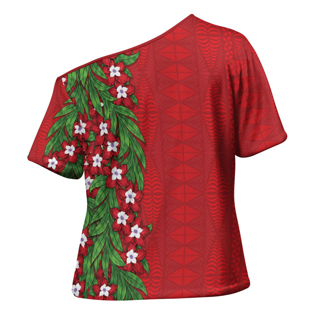 Tonga Language Week Cross Shoulder Shirt Heilala Floral Red LT05 - Polynesian Pride