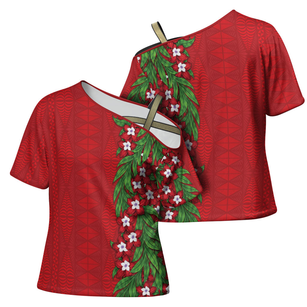 Tonga Language Week Cross Shoulder Shirt Heilala Floral Red LT05 - Polynesian Pride