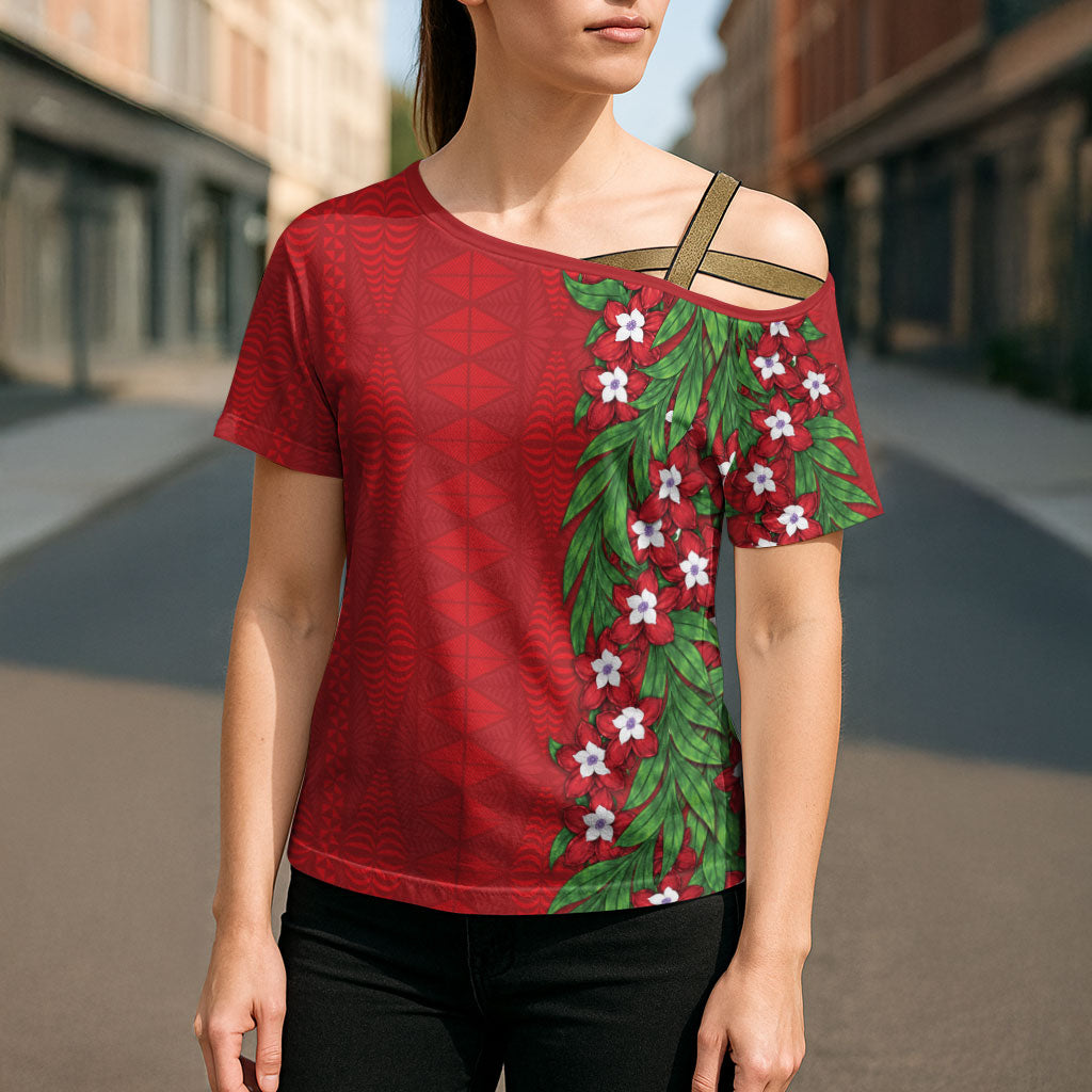 Tonga Language Week Cross Shoulder Shirt Heilala Floral Red LT05 - Polynesian Pride