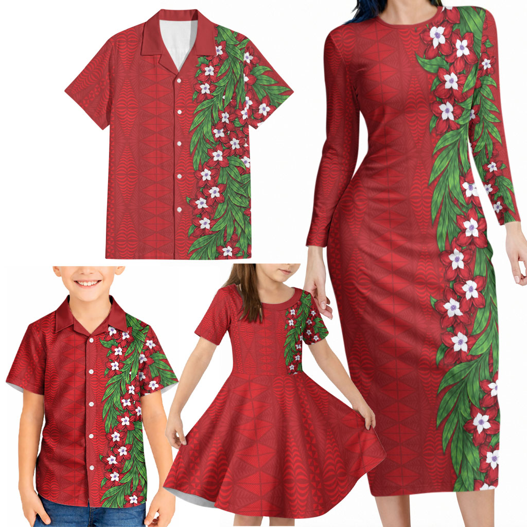 Tonga Language Week Family Matching Long Sleeve Bodycon Dress and Hawaiian Shirt Heilala Floral Red LT05 - Polynesian Pride