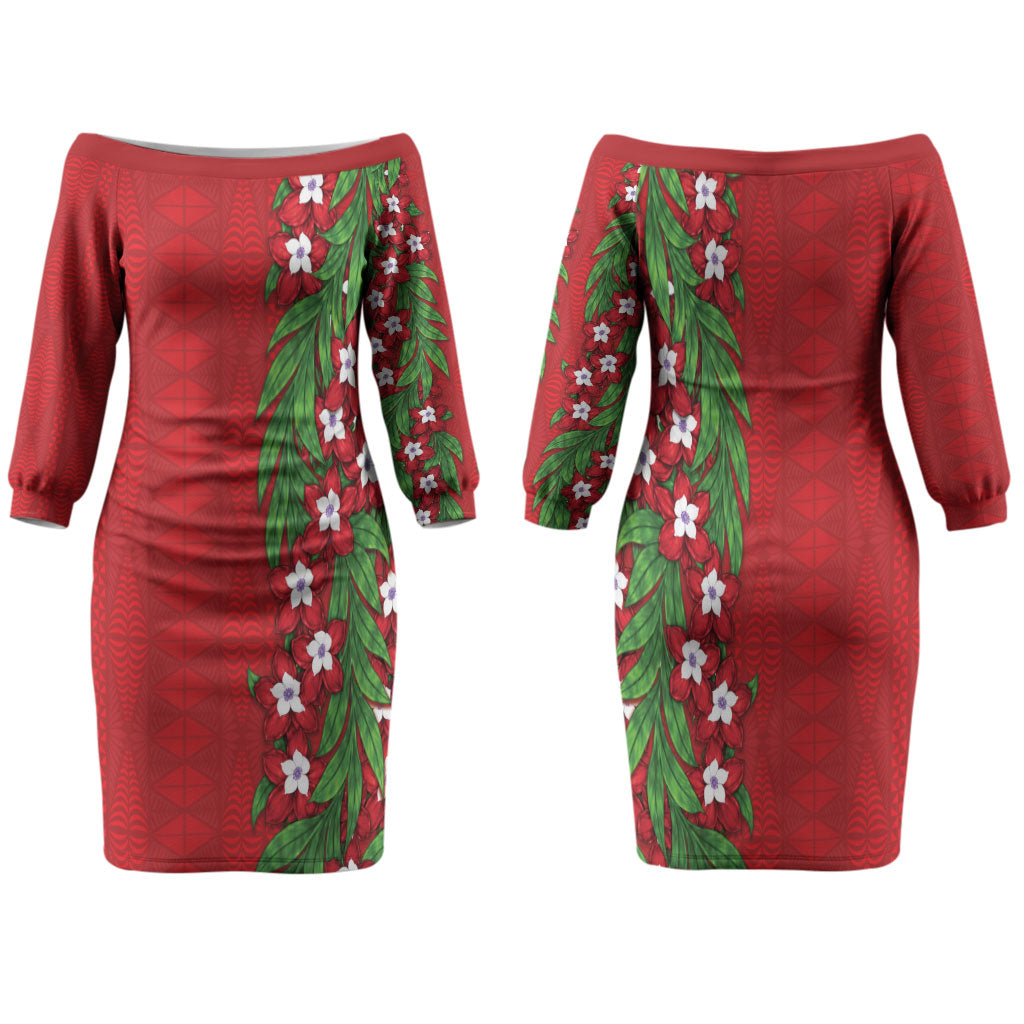 Tonga Language Week Family Matching Off The Shoulder Long Sleeve Dress and Hawaiian Shirt Heilala Floral Red LT05 Mom's Dress Red - Polynesian Pride