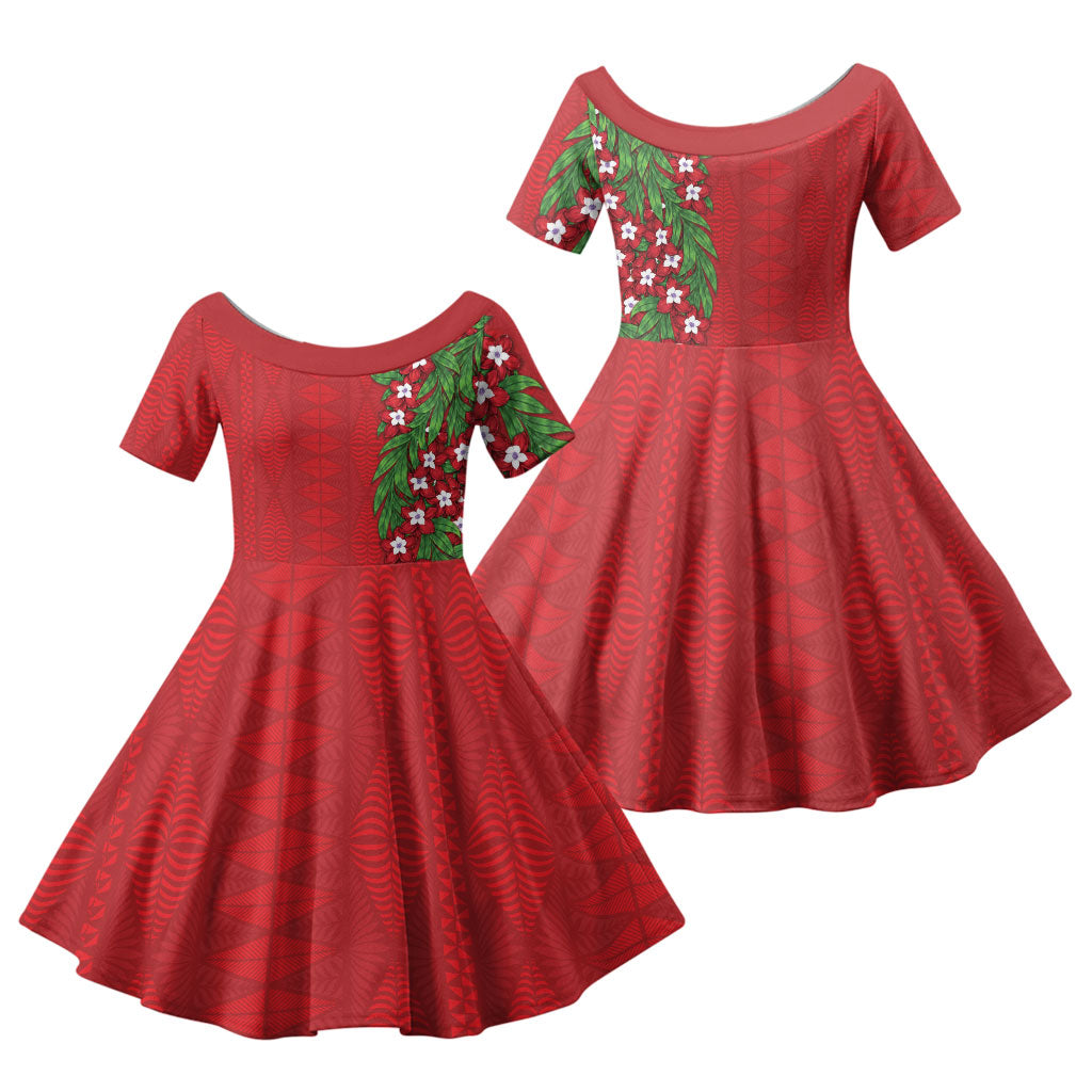 Tonga Language Week Family Matching Short Sleeve Bodycon Dress and Hawaiian Shirt Heilala Floral Red LT05 Daughter's Dress Red - Polynesian Pride