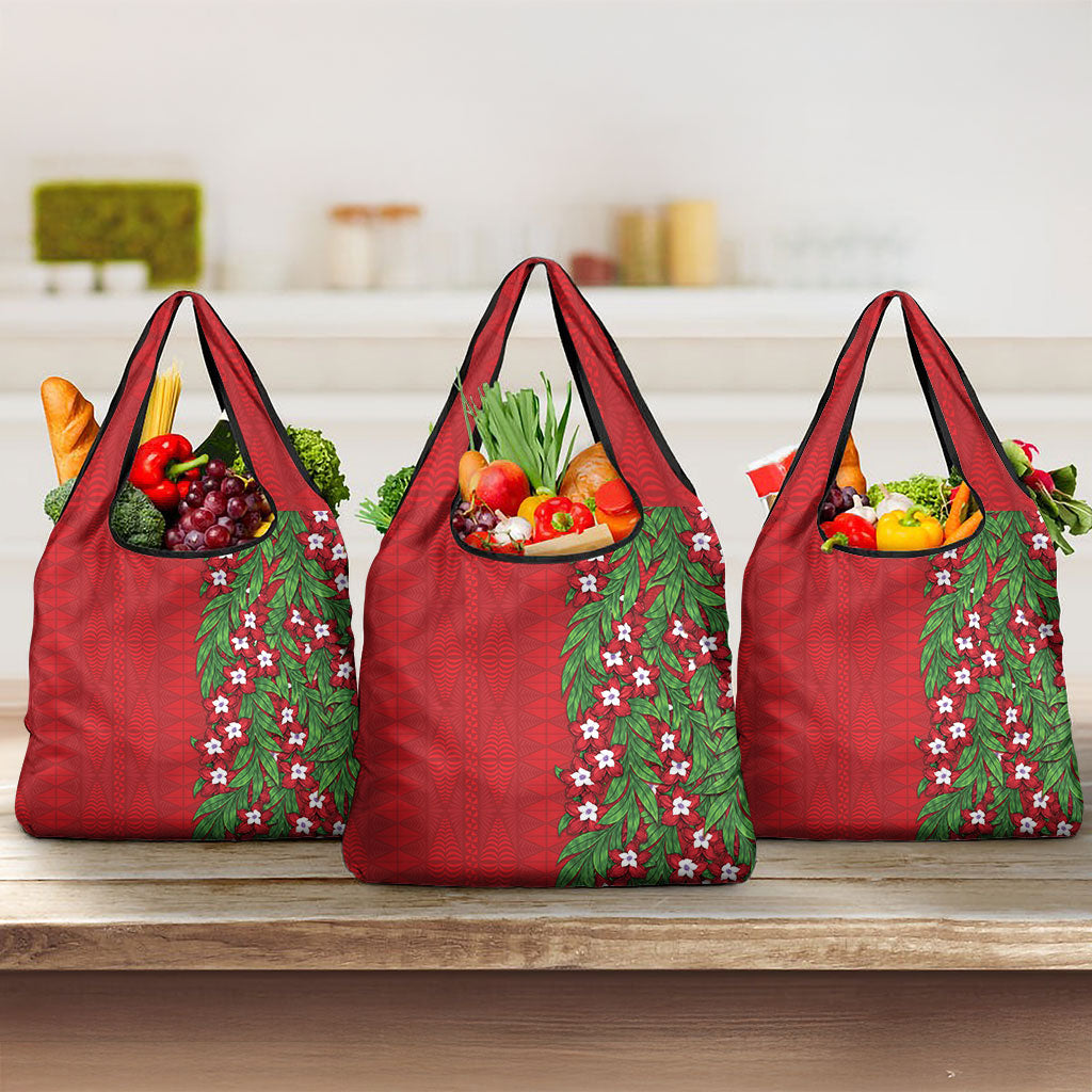 Tonga Language Week Grocery Bag Heilala Floral Red LT05 3-pack One Size Red - Polynesian Pride