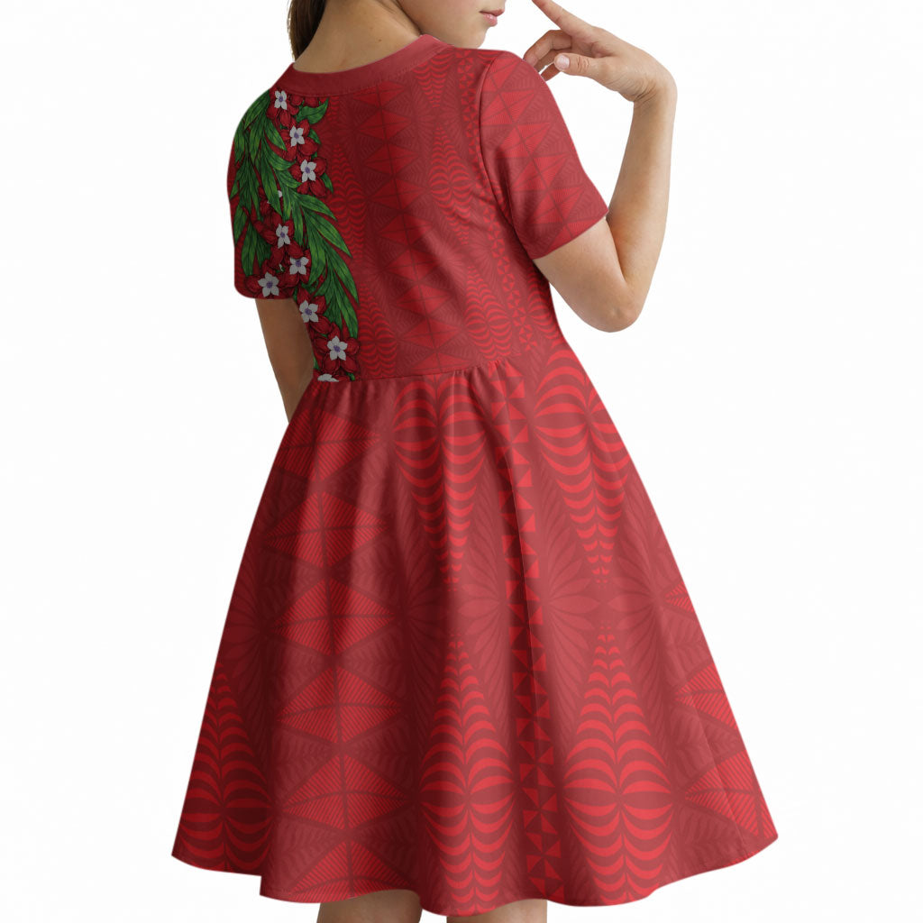 Tonga Language Week Kid Short Sleeve Dress Heilala Floral Red LT05 - Polynesian Pride