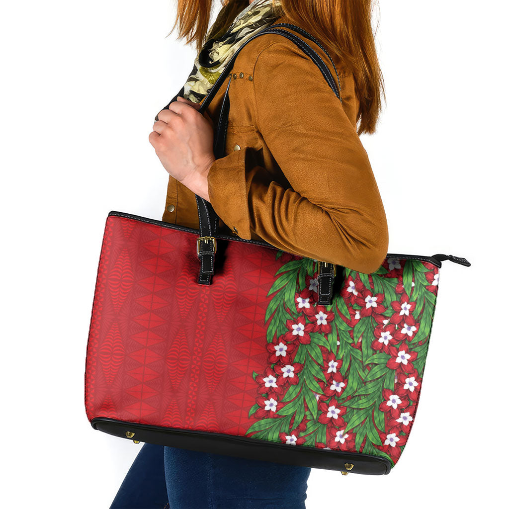 Tonga Language Week Leather Tote Bag Heilala Floral Red LT05 Red - Polynesian Pride