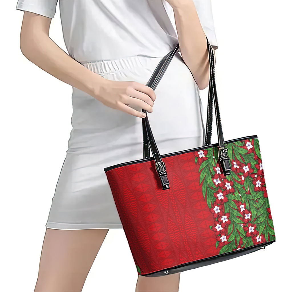 Tonga Language Week Leather Tote Bag Heilala Floral Red LT05 - Polynesian Pride