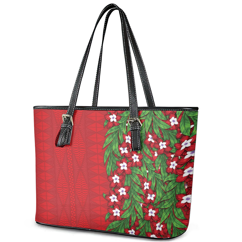 Tonga Language Week Leather Tote Bag Heilala Floral Red LT05 - Polynesian Pride