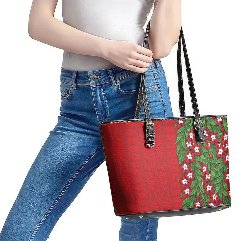 Tonga Language Week Leather Tote Bag Heilala Floral Red LT05 - Polynesian Pride