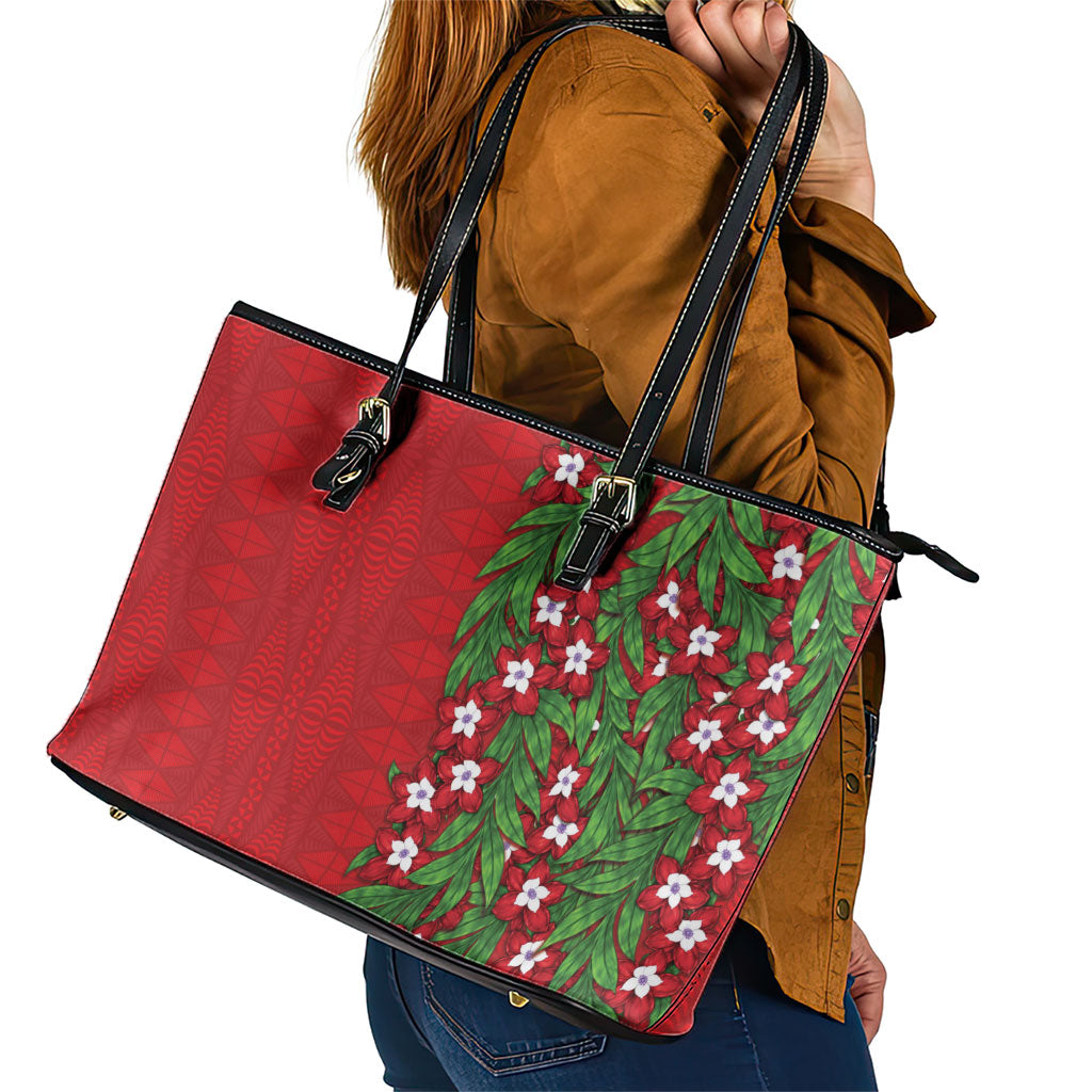 Tonga Language Week Leather Tote Bag Heilala Floral Red LT05 - Polynesian Pride