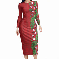 Tonga Language Week Long Sleeve Bodycon Dress Heilala Floral Red LT05 Long Dress Red - Polynesian Pride