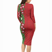 Tonga Language Week Long Sleeve Bodycon Dress Heilala Floral Red LT05 - Polynesian Pride