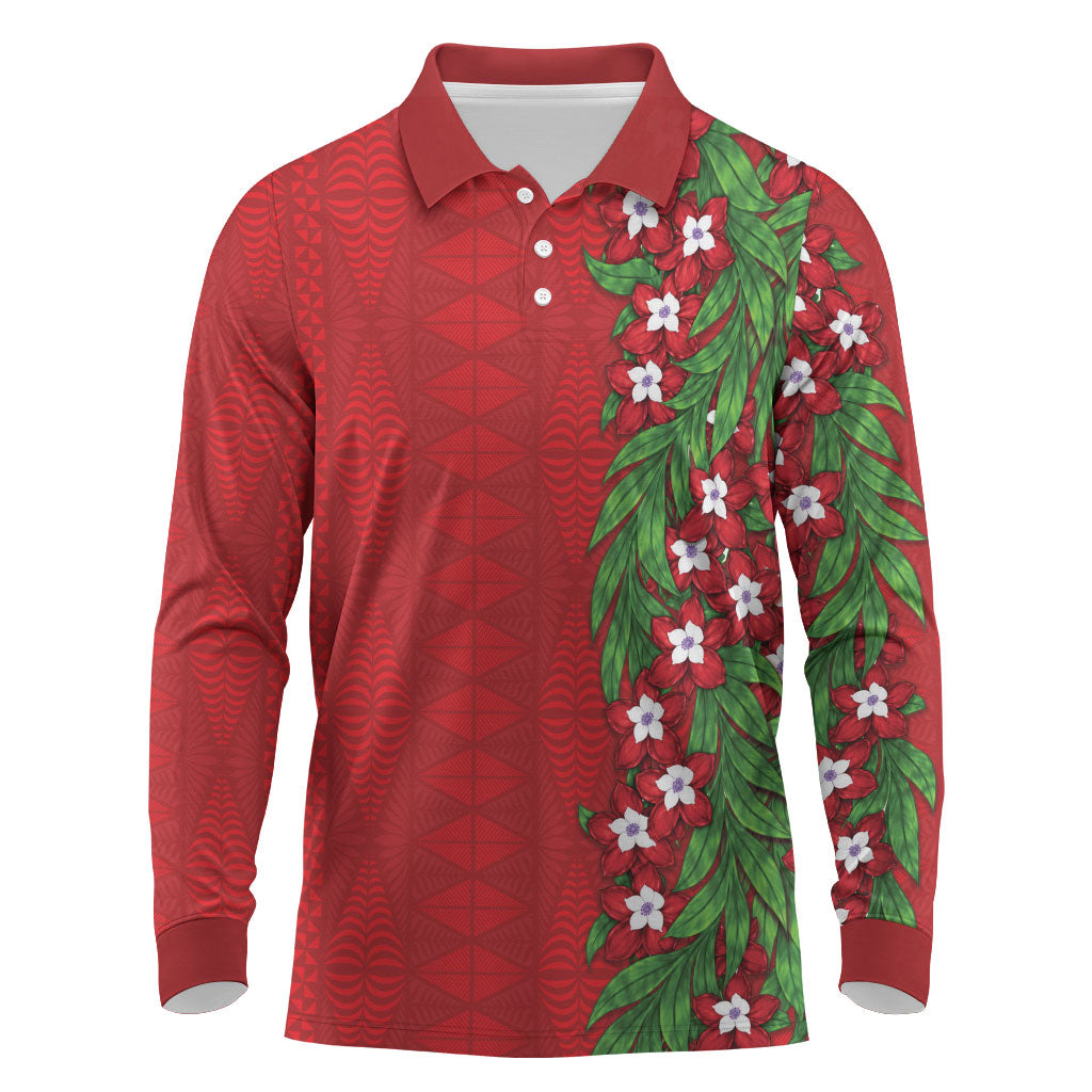 Tonga Language Week Long Sleeve Polo Shirt Heilala Floral Red LT05 Red - Polynesian Pride