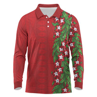 Tonga Language Week Long Sleeve Polo Shirt Heilala Floral Red LT05 Red - Polynesian Pride