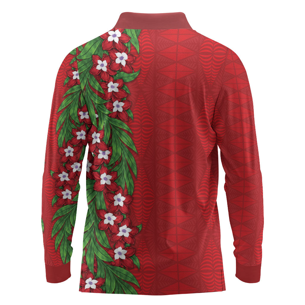 Tonga Language Week Long Sleeve Polo Shirt Heilala Floral Red LT05 - Polynesian Pride
