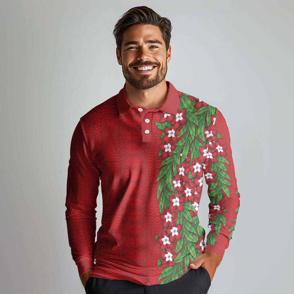 Tonga Language Week Long Sleeve Polo Shirt Heilala Floral Red LT05 - Polynesian Pride