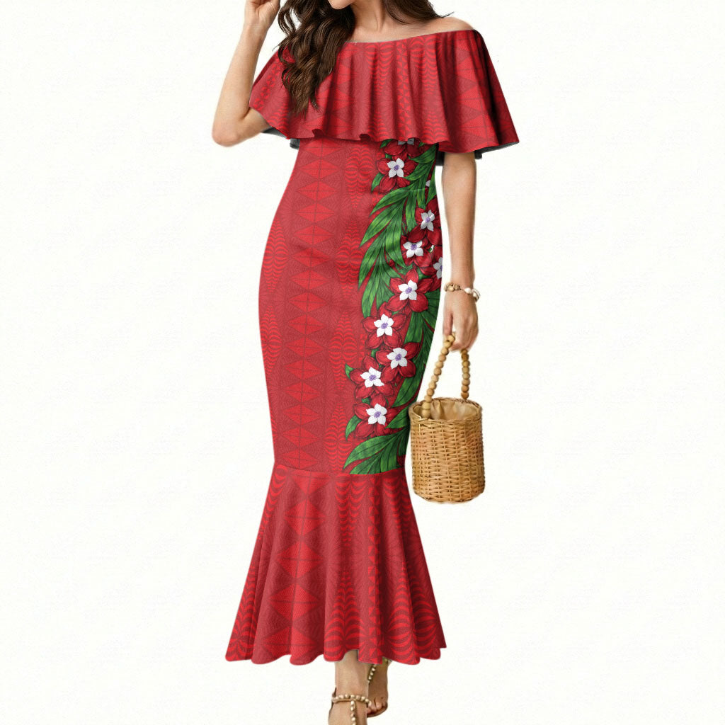 Tonga Language Week Mermaid Dress Heilala Floral Red LT05 Women Red - Polynesian Pride