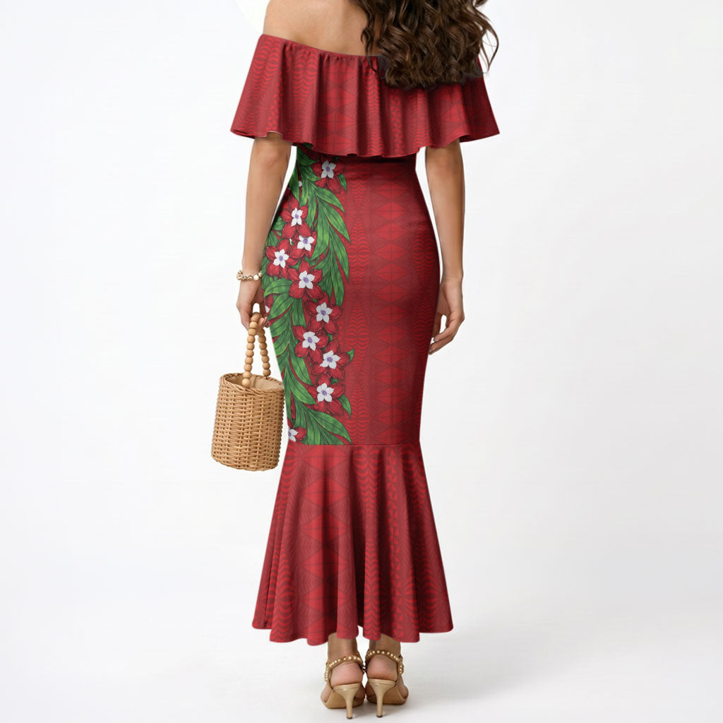 Tonga Language Week Mermaid Dress Heilala Floral Red LT05 - Polynesian Pride
