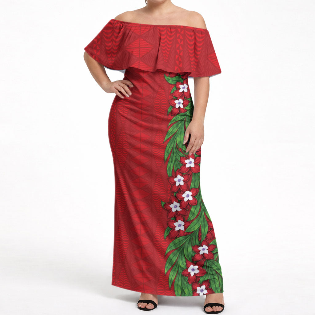 Tonga Language Week Off Shoulder Maxi Dress Heilala Floral Red LT05 Women Red - Polynesian Pride