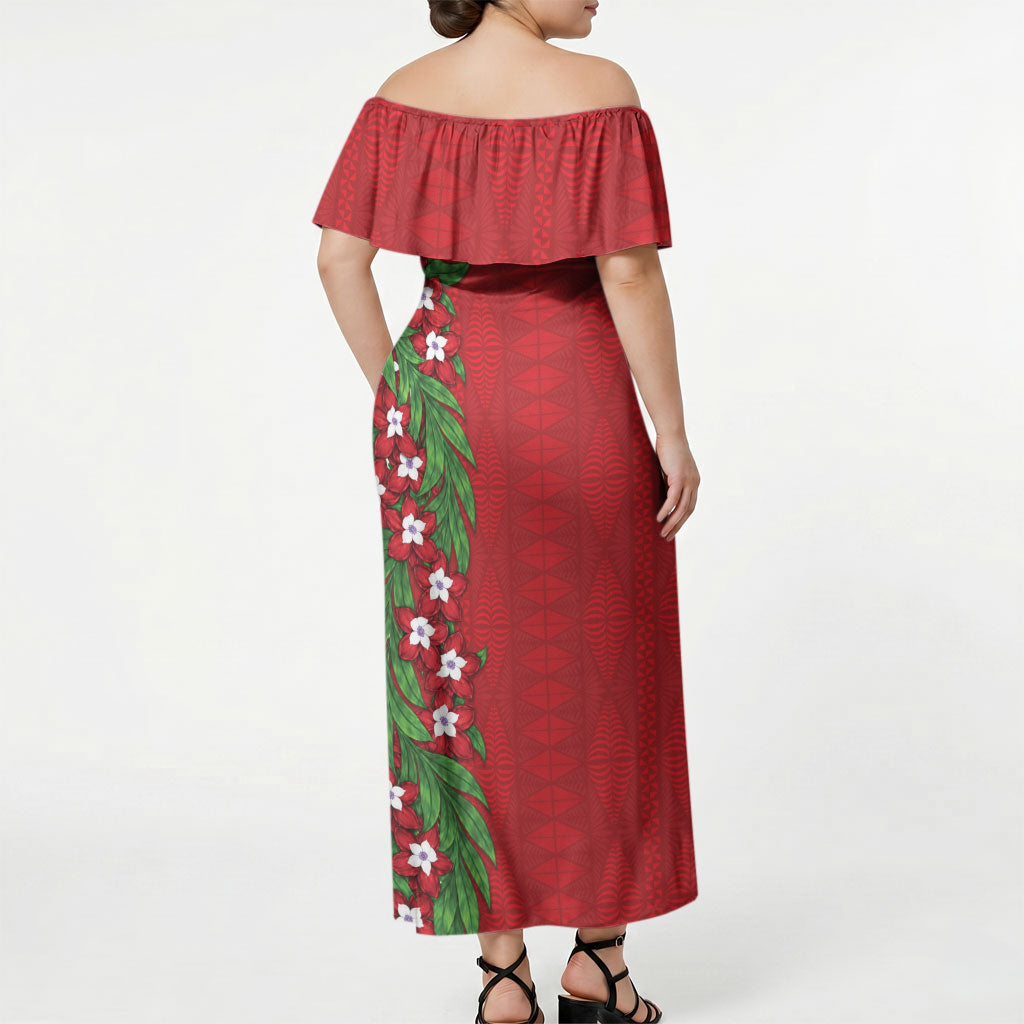 Tonga Language Week Off Shoulder Maxi Dress Heilala Floral Red LT05 - Polynesian Pride