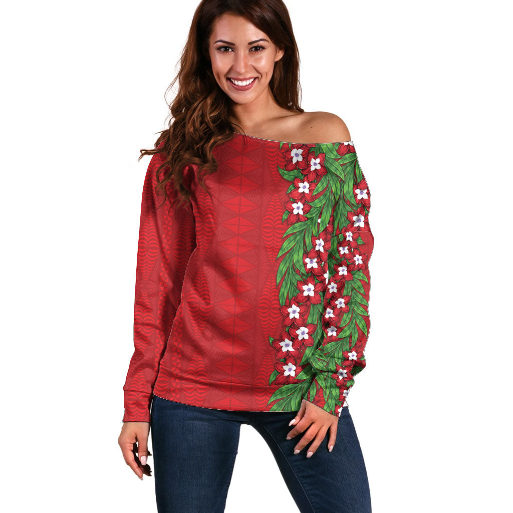 Tonga Language Week Off Shoulder Sweater Heilala Floral Red LT05 Women Red - Polynesian Pride