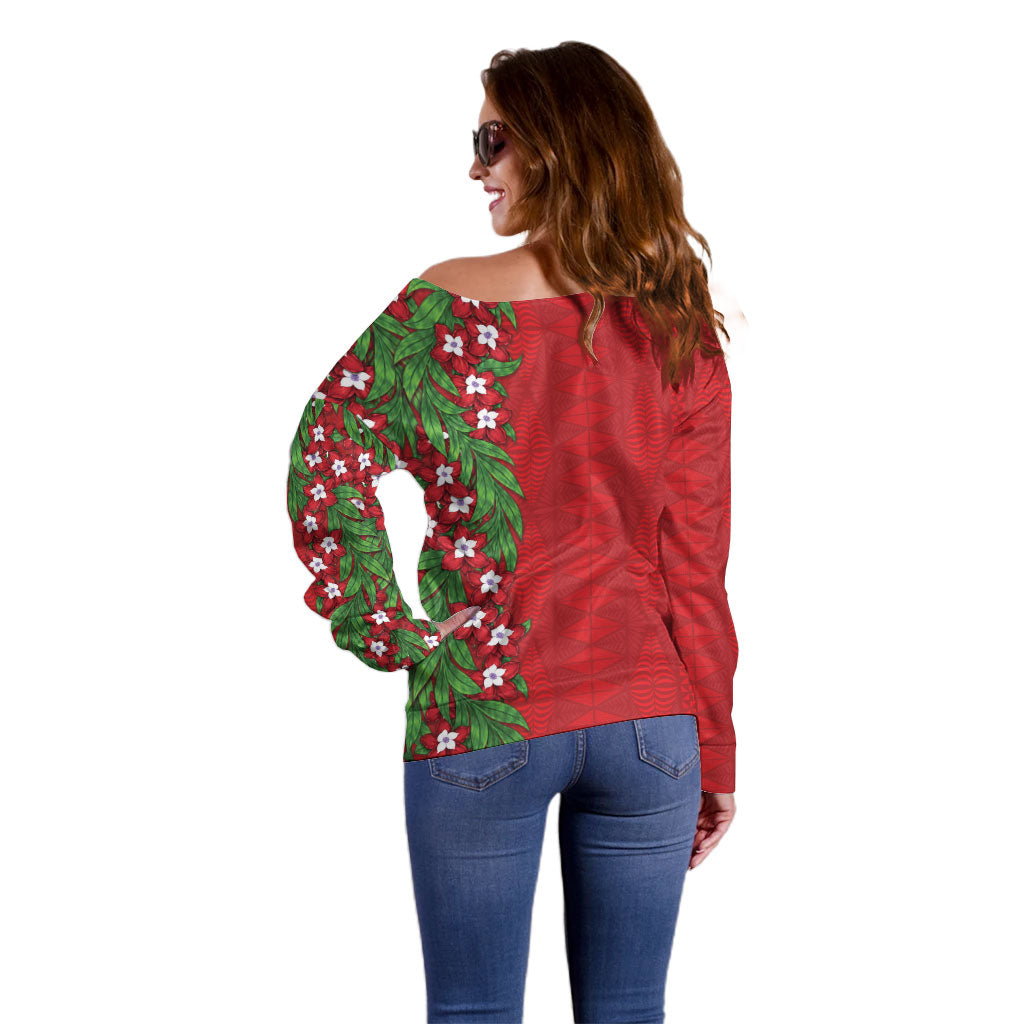 Tonga Language Week Off Shoulder Sweater Heilala Floral Red LT05 - Polynesian Pride