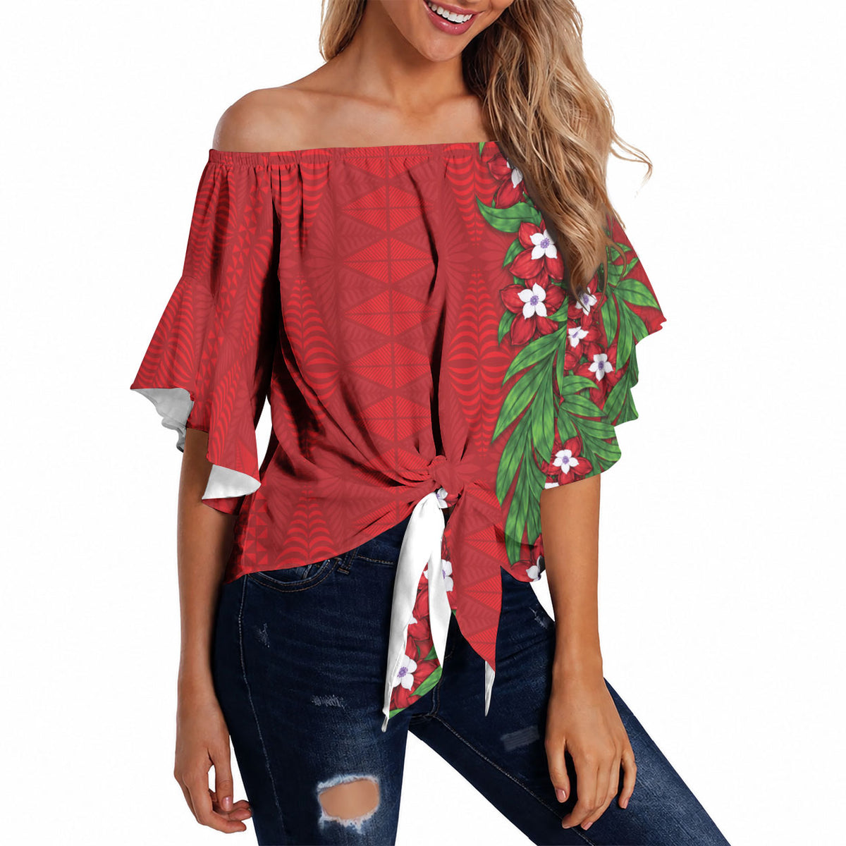 Tonga Language Week Off Shoulder Wrap Waist Top Heilala Floral Red LT05 - Polynesian Pride