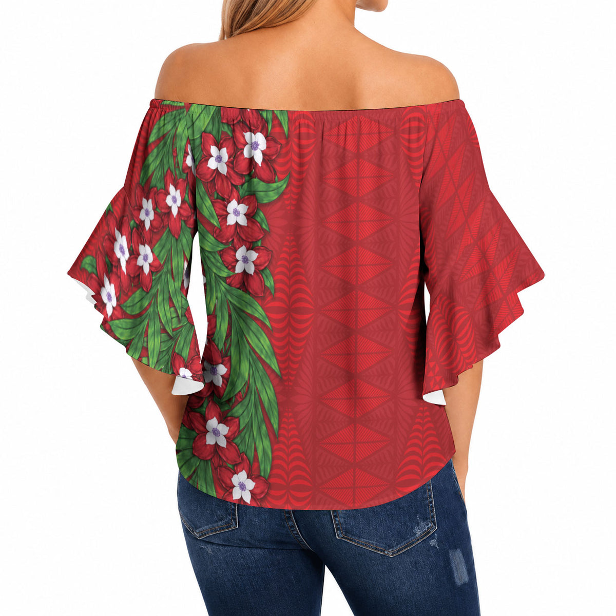 Tonga Language Week Off Shoulder Wrap Waist Top Heilala Floral Red LT05 - Polynesian Pride