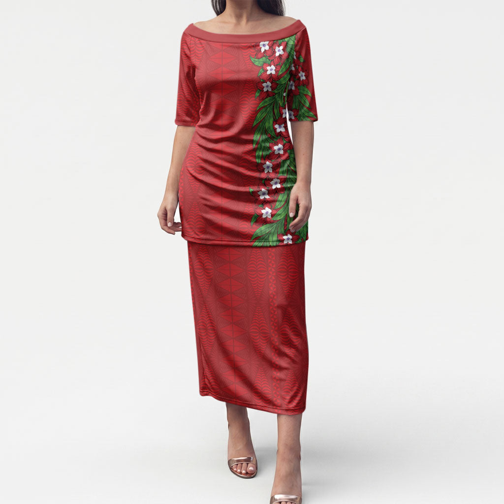 Tonga Language Week Puletasi Heilala Floral Red LT05 Long Dress Red - Polynesian Pride