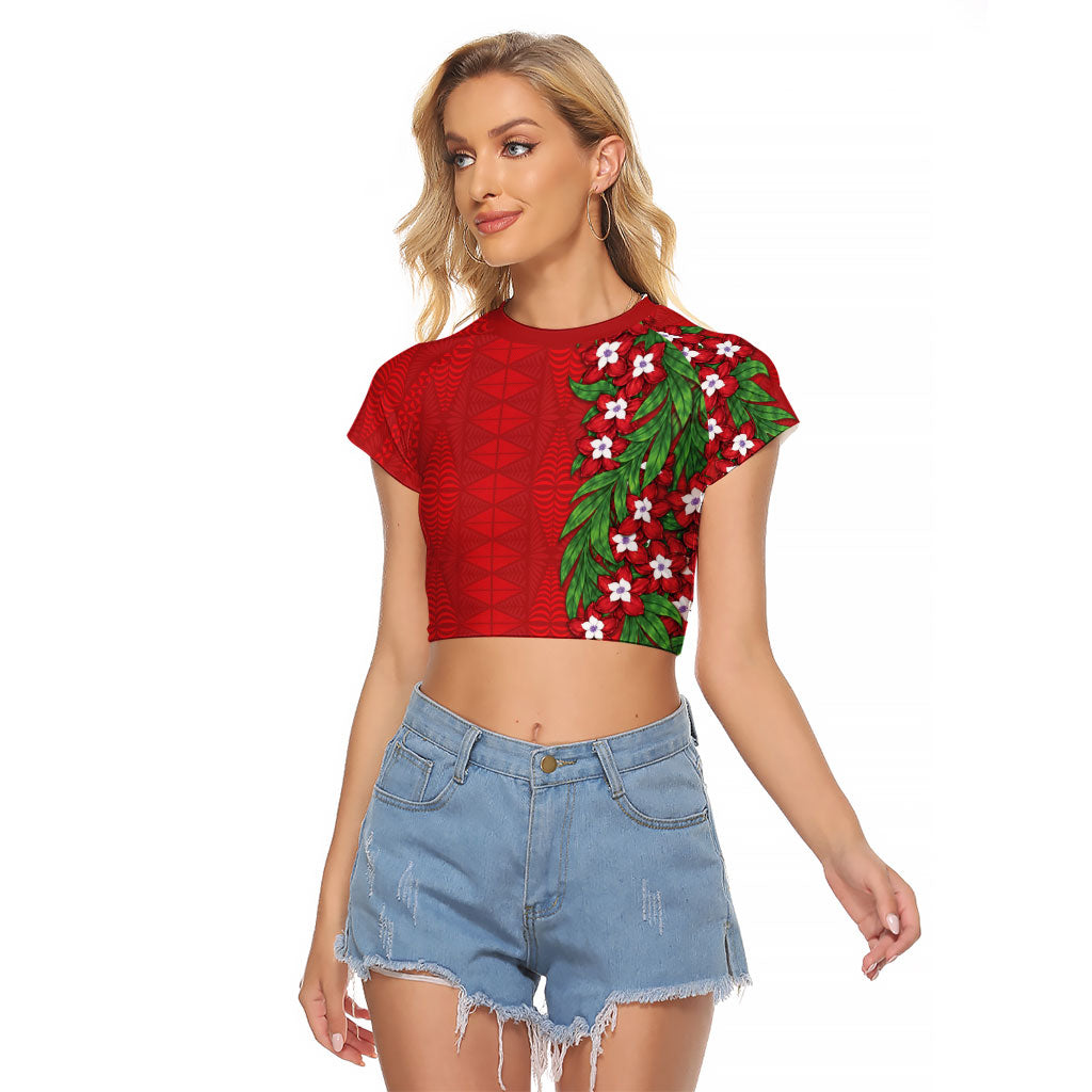 Tonga Language Week Raglan Cropped T Shirt Heilala Floral Red LT05 Female Red - Polynesian Pride