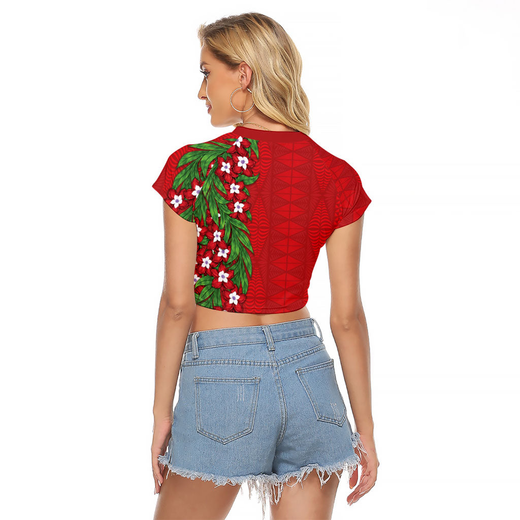Tonga Language Week Raglan Cropped T Shirt Heilala Floral Red LT05 - Polynesian Pride