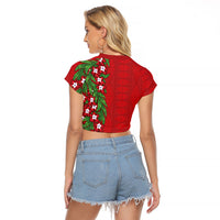 Tonga Language Week Raglan Cropped T Shirt Heilala Floral Red LT05 - Polynesian Pride