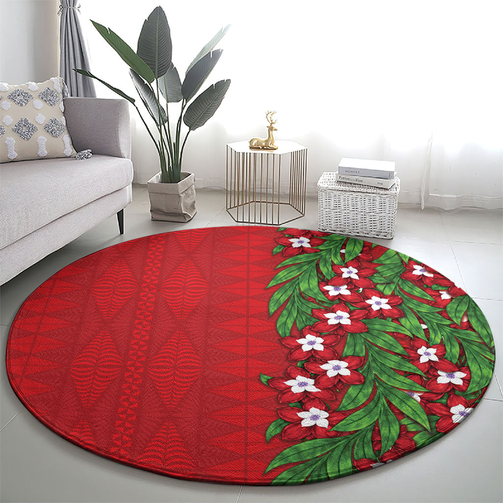 Tonga Language Week Round Carpet Heilala Floral Red LT05 - Polynesian Pride