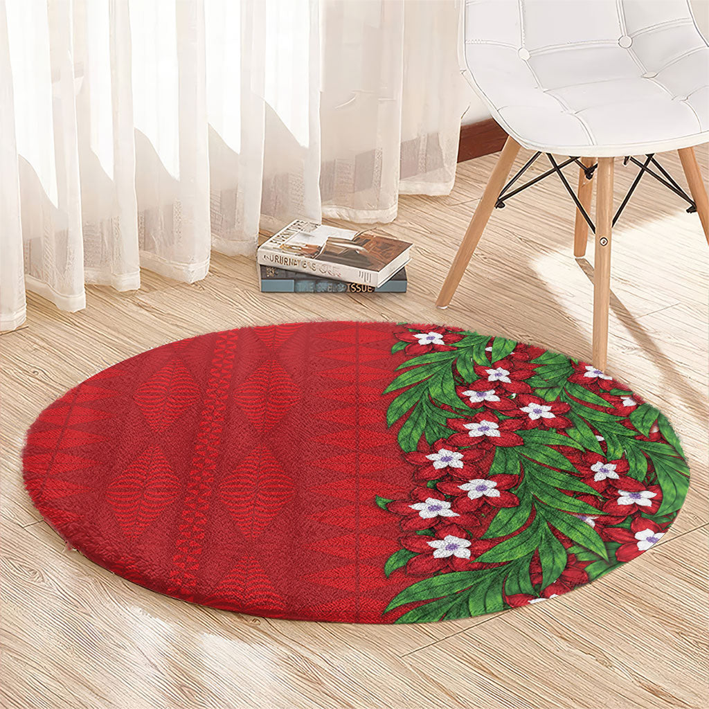 Tonga Language Week Round Carpet Heilala Floral Red LT05 - Polynesian Pride