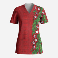 Tonga Language Week Scrub Top Heilala Floral Red LT05 Adult Red - Polynesian Pride