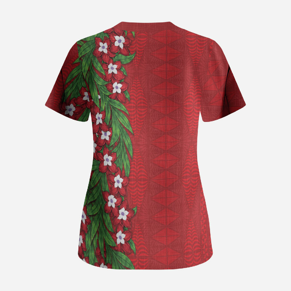 Tonga Language Week Scrub Top Heilala Floral Red LT05 - Polynesian Pride