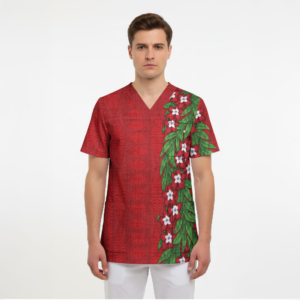 Tonga Language Week Scrub Top Heilala Floral Red LT05 - Polynesian Pride